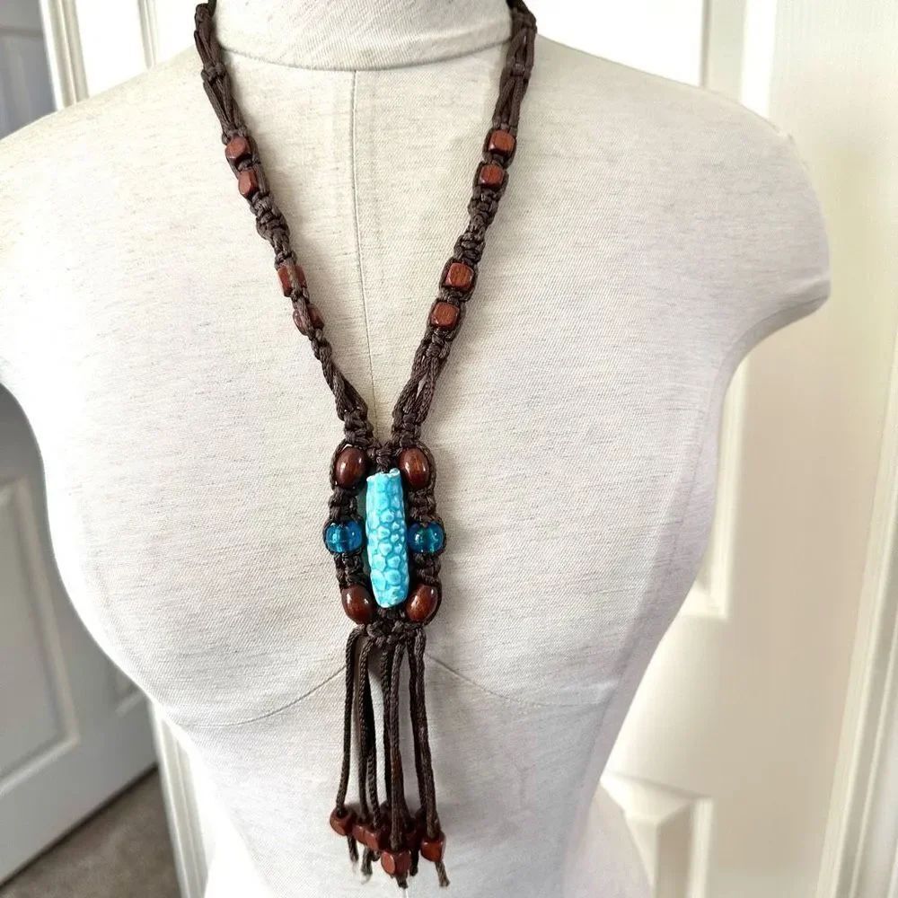 Blue beaded brown cord boho necklace